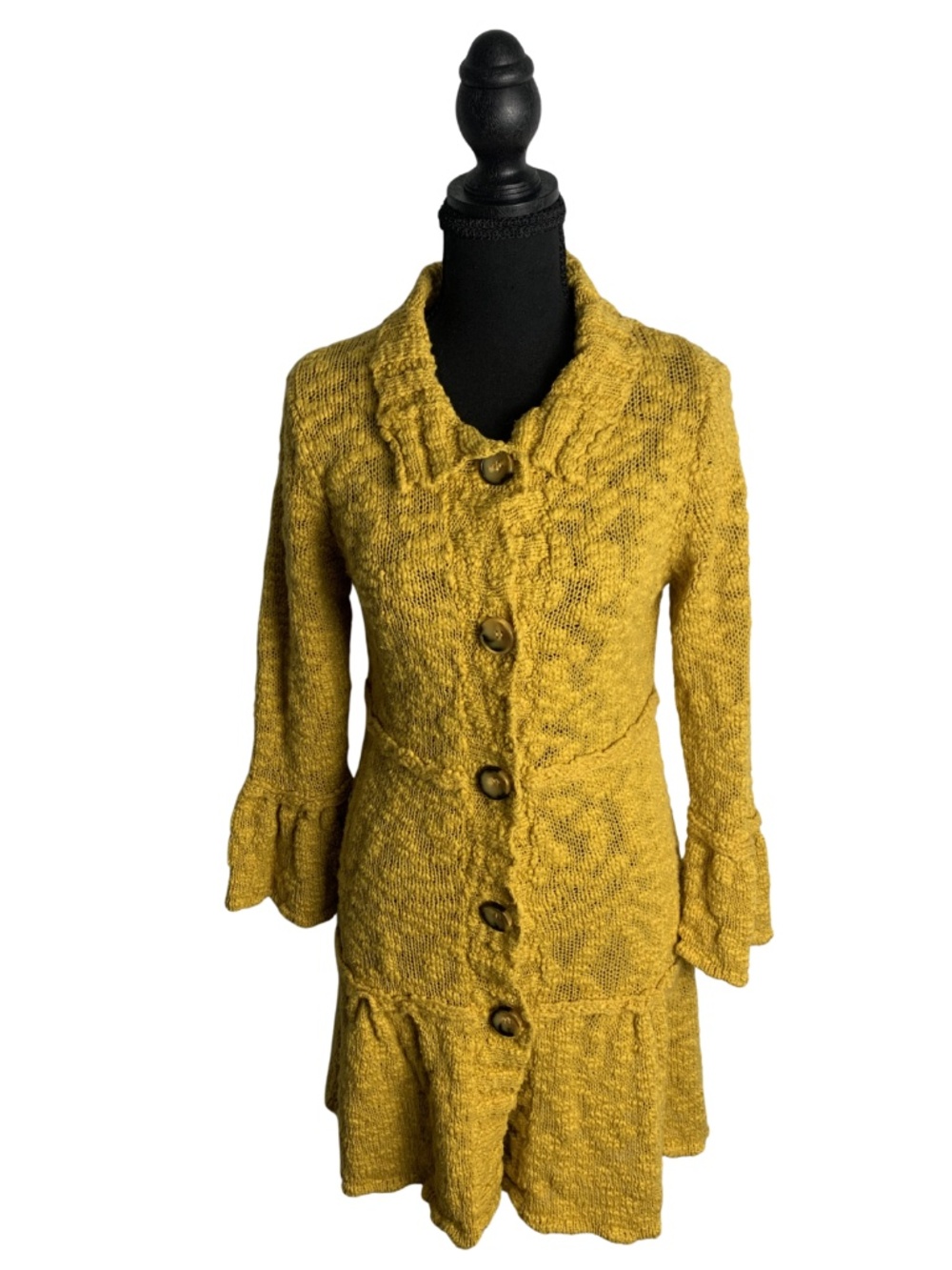 Fever Ruffled Mustard Yellow Button-Front Knit Cardigan Women's M Y2K Vintage